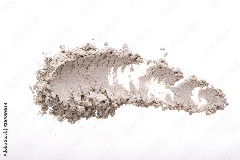 Smear from dry green cosmetic clay. Texture of  makeup powder - blush or eyeshadow. Isolated on a white background