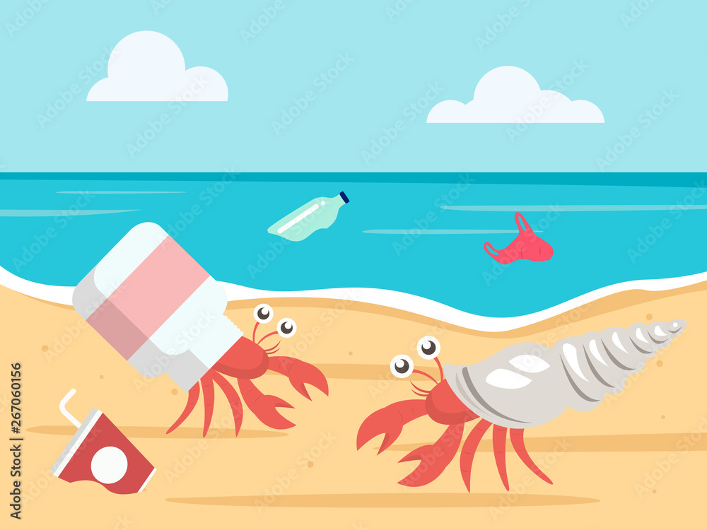 Naklejka premium ocean plastic pollution concept. hermit crab with a plastic bottle shell. vector illustration