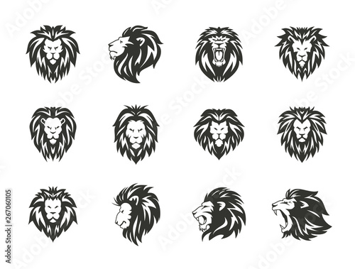 Set of black heraldic lion symbols on white background.