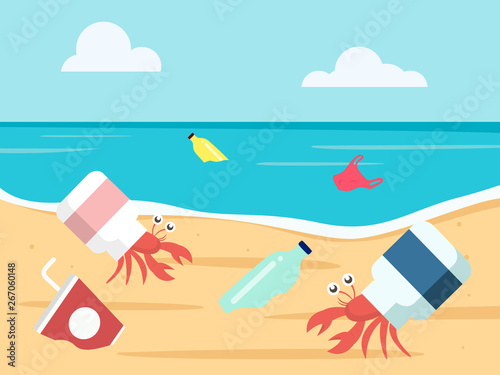 ocean plastic pollution concept. hermit crab with a plastic bottle shell. vector illustration