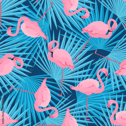 Graceful flamingos and palm leaves. Tropical summer seamless pattern