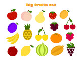 Big flat icon set with different fruits. There are apple, strawberry, cherry, orange, grapes, lemon, pineapple, banana,  plum, melon, raspberry, pomegranate, pear, cherry, blackberry.