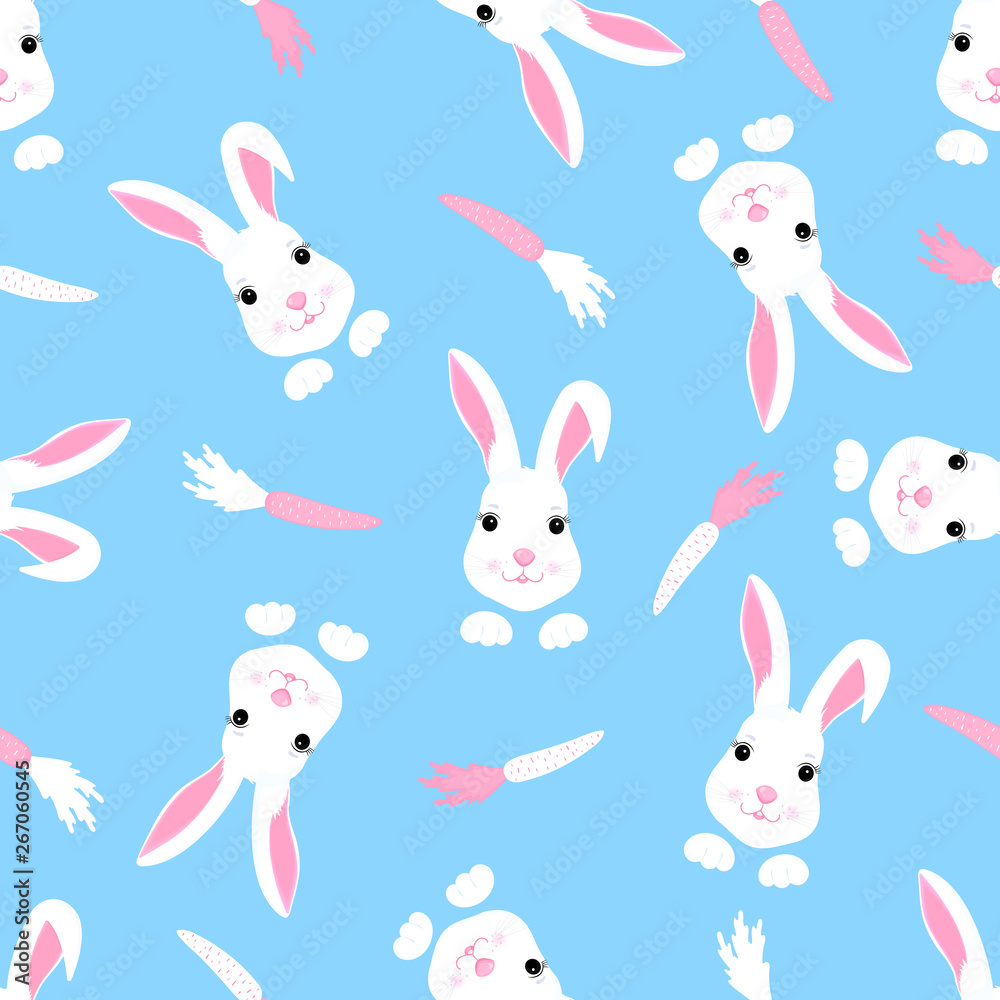 Trendy childish seamless pattern with cute Easter rabbit and carrot. Can be used for the decoration of the nursery, children's clothing, kids accessories, gift wrapping, digital paper. Trendy childish seamless pattern with cute Easter rabbit and carrot. Can be used for the decoration of the nursery, children's clothing, kids accessories, gift wrapping, digital paper.