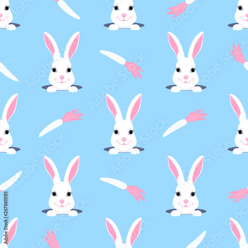 Easter bunny looks out of the hole. Rabbit and carrot childish seamless pattern. Can be used for the decoration of the nursery, children's clothing, kids accessories, gift wrapping, digital paper.