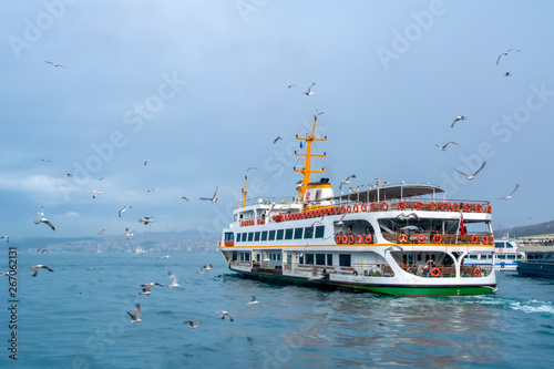 Photography Muslim architecture and water transport in Turkey - Beautiful View touristic landmarks from sea voyage on Bosphorus