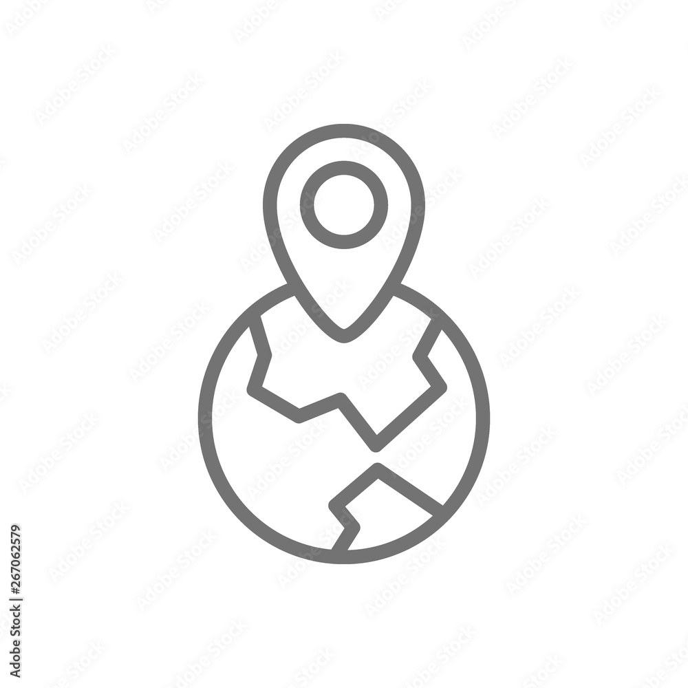 Globe with destination mark, navigation, location pin on earth line icon. Globe with destination mark, navigation, location pin on earth line icon.
