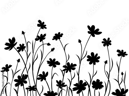 Abstract meadow flowers, seamless border. Black silhouettes. 