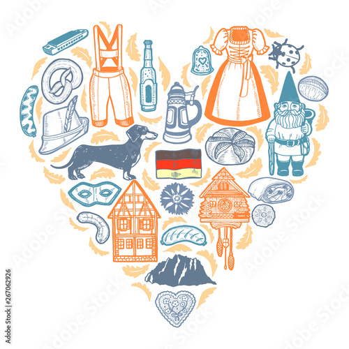 German Symbols Heart Composition in Hand Drawn Style