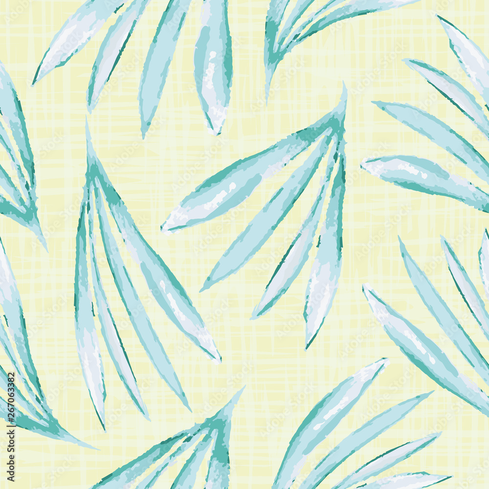 Hibiscus inspired green water colour leaves design on light yellow canvas textured background . Seamless vector pattern Perfect for summer, wellness, beauty products, fabric, stationery, gift wrap.