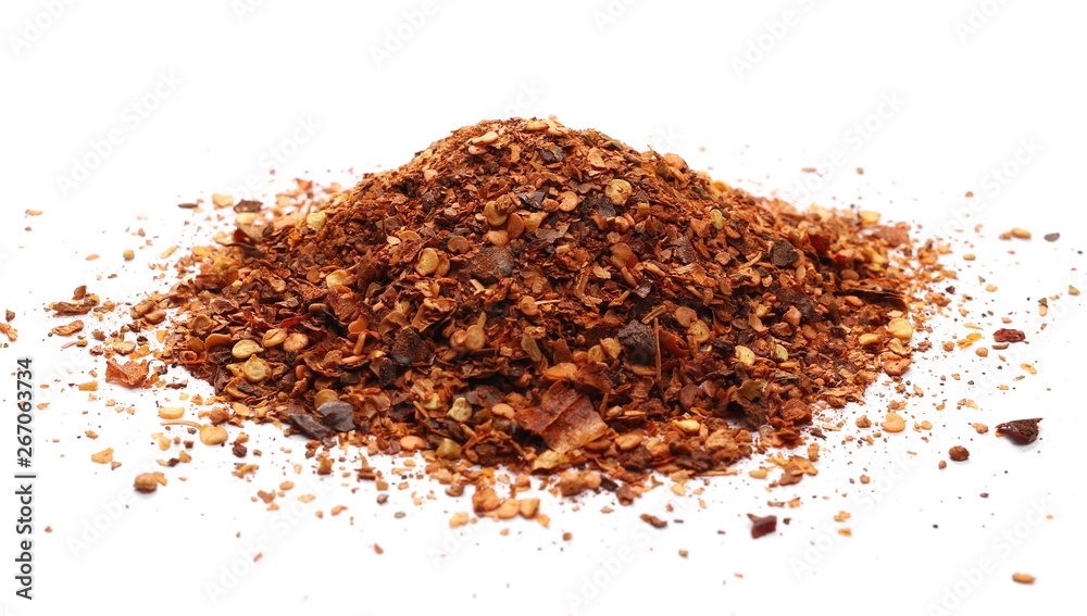 Crushed, ground dry pepper, spicy chopped paprika isolated on white background Crushed, ground dry pepper, spicy chopped paprika isolated on white background