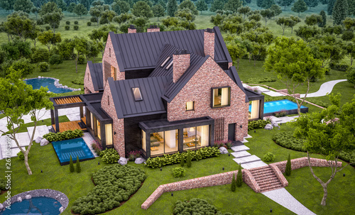 Fotografía 3d rendering of modern cozy clinker house on the ponds with garage and pool for sale or rent with beautiful landscaping on background