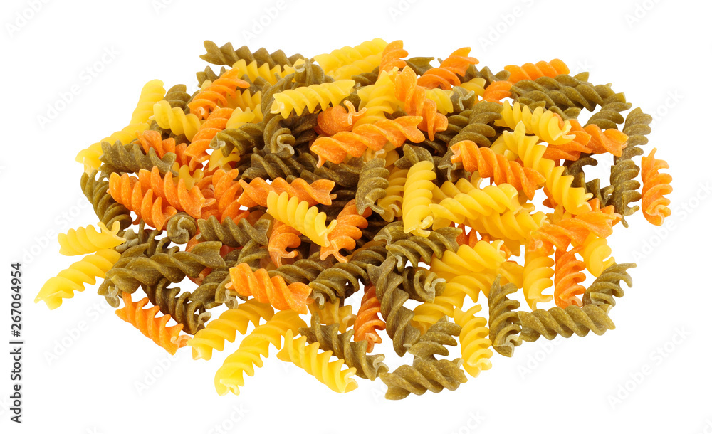 Group of uncooked tricolore fusilli pasta twist shapes isolated on a white background Group of uncooked tricolore fusilli pasta twist shapes isolated on a white background