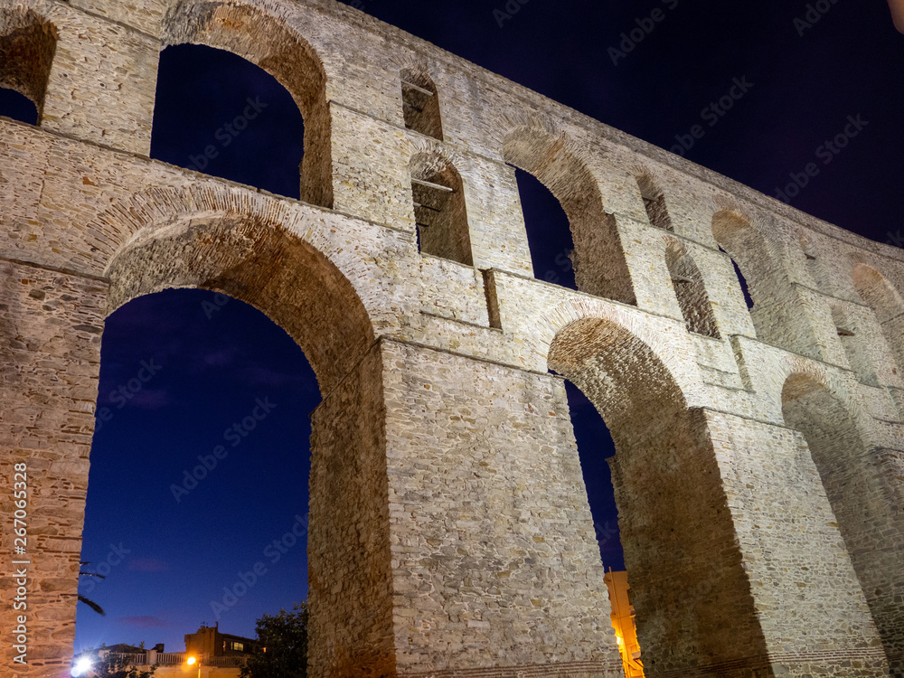 Ancient Roman aqueduct in the city of Kavala - Greece - nightshot