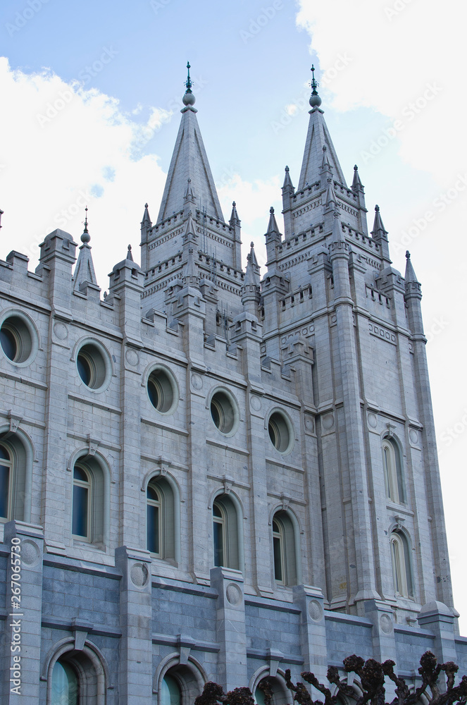 A long view of the back side of the white old salt lake city temple