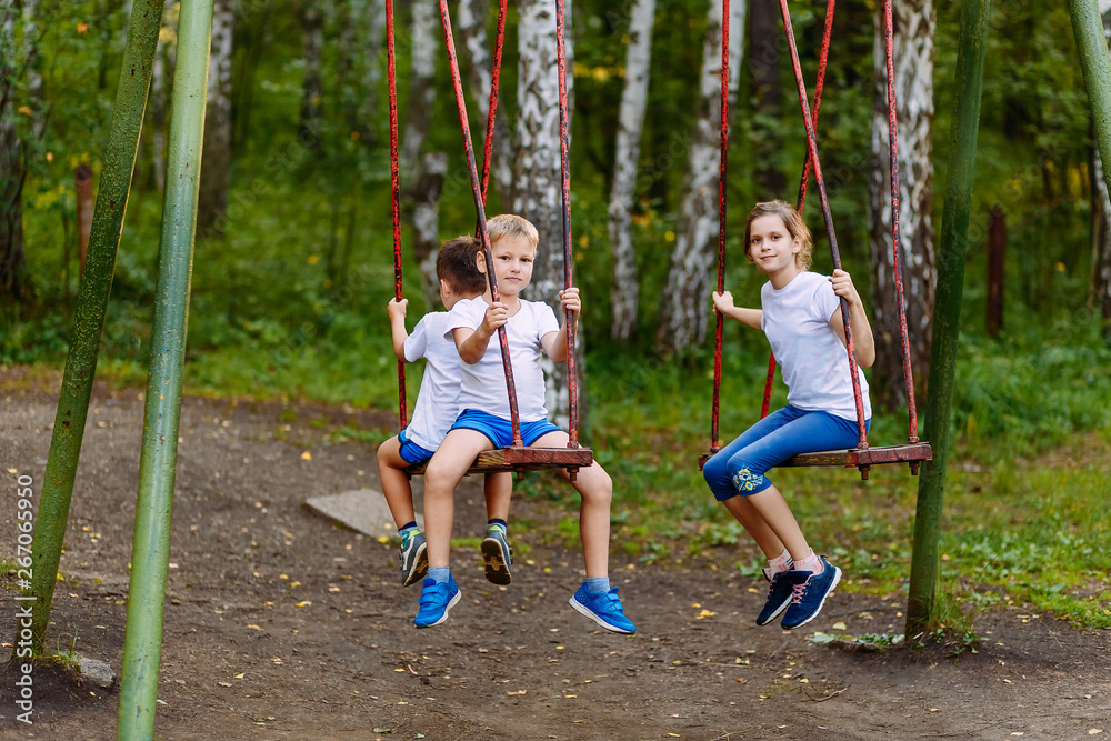 children play on the swings in the summer