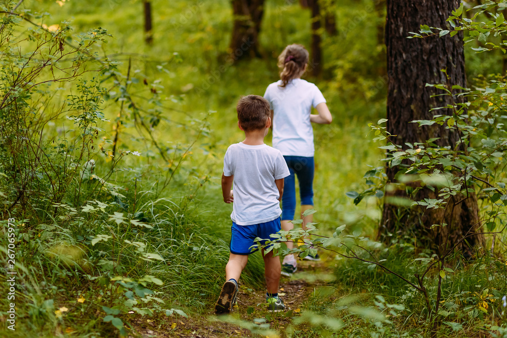 brother and sister in white t-shirts go into the woods on the path in the summer brother and sister in white t-shirts go into the woods on the path in the summer