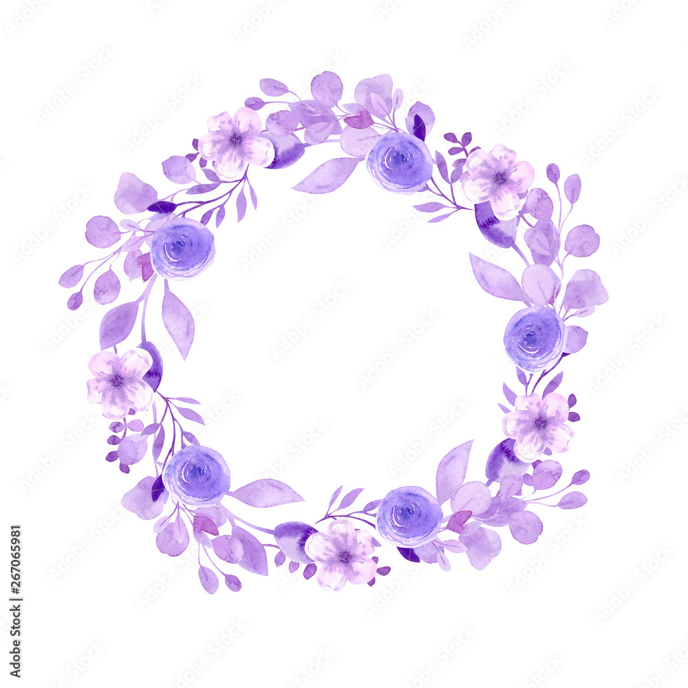 Frame wreath with flowers of cherry, apple, almond, sakura.Watercolor drawing by hand. Lilac and purple watercolor flowers, and twigs collected in a wedding composition Frame wreath with flowers of cherry, apple, almond, sakura.Watercolor drawing by hand. Lilac and purple watercolor flowers, and twigs collected in a wedding composition