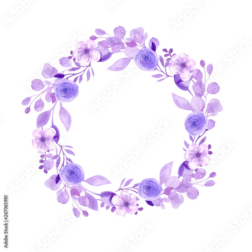 Frame wreath with flowers of cherry, apple, almond, sakura.Watercolor drawing by hand. Lilac and purple watercolor flowers, and twigs collected in a wedding composition