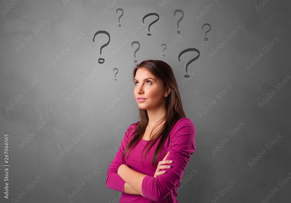 Person with question marks around face
Person with question marks around face