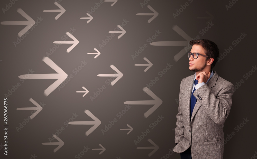 Young person thinking with direction concept background
Young person thinking with direction concept background