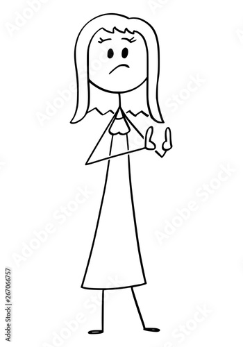 Vector cartoon stick figure drawing conceptual illustration of discontent woman showing something is too small size gesture, probably penis her lover or partner. Sexual problem concept.