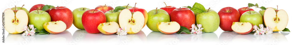 Apples fruits red and green apple banner fruit isolated on white in a row Apples fruits red and green apple banner fruit isolated on white in a row