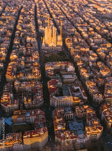 Photography Sagrada Familia cathedral and Barcelona cityscape in Spain, aerial view