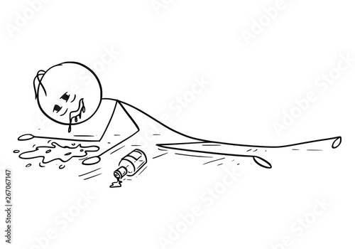 Cartoon stick figure drawing conceptual illustration of drunk or drunken man lying on the ground and vomit, throw up or puke.