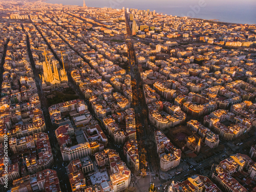 Photography Sagrada Familia cathedral and Barcelona cityscape in Spain, aerial view