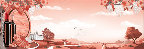 Panorama of nature-sunrise over the vineyard in red . Ancient castle, vine, mountains and forests. Vector illustration