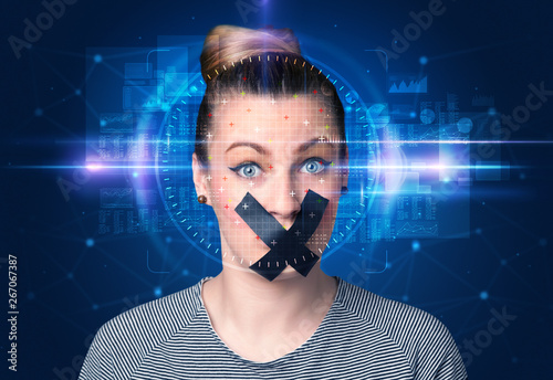 Biometric verification - woman face detection, high technology concept