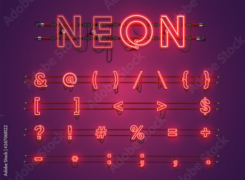 Realistic glowing purple neon charcter set