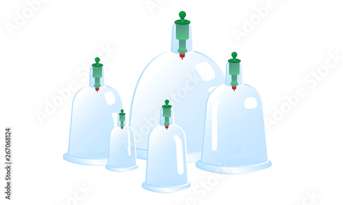 Vacuum massage cups isolated on white background. Cupping therapy glass jars of different size set. Traditional medicine methods. Sports recovery and recuperation after hard training sessions