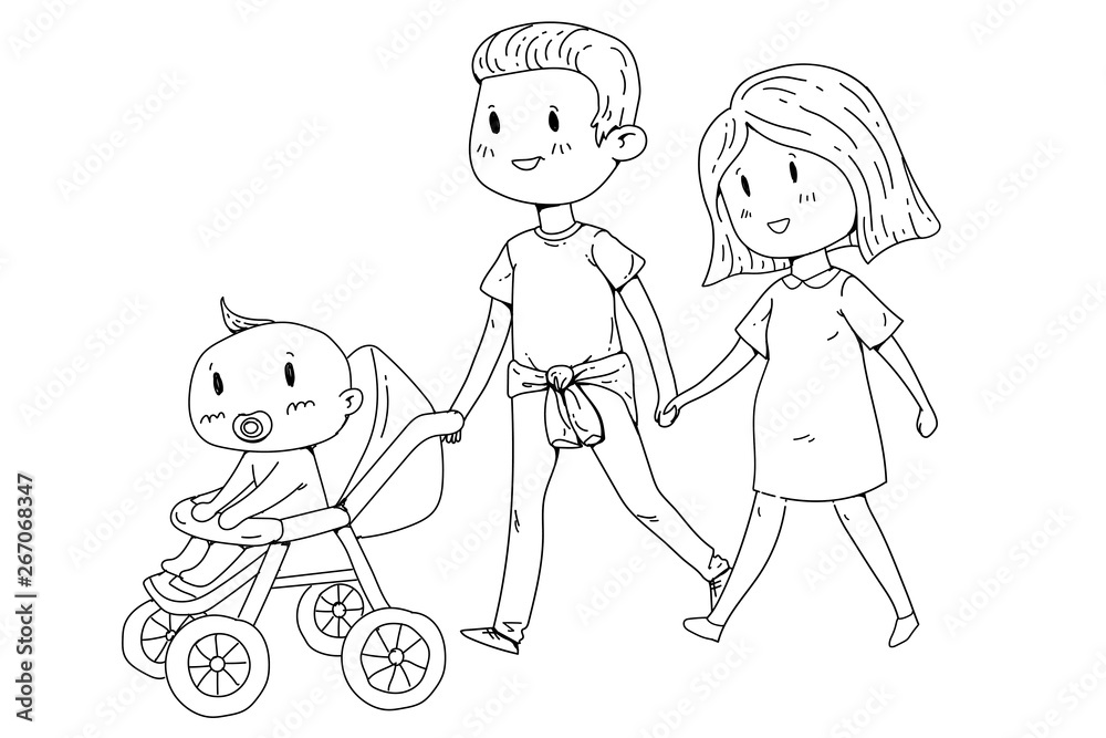 Cartoon family with pregnant woman and little children. Cartoon family with pregnant woman and little children.