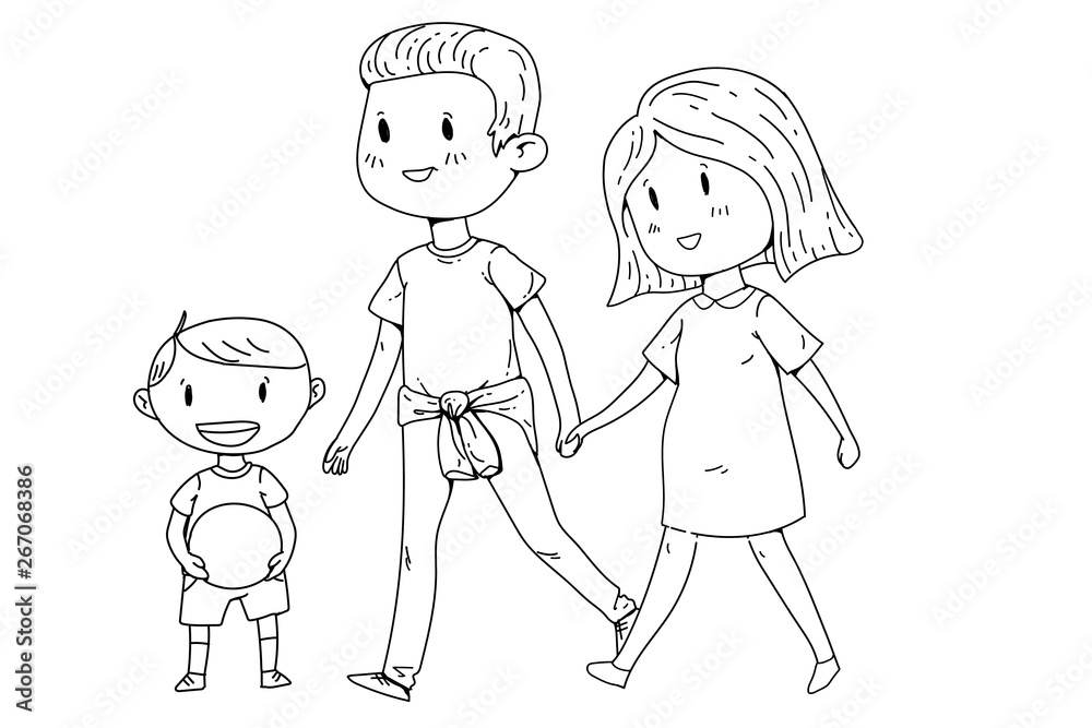 Cartoon family with pregnant woman and little children.