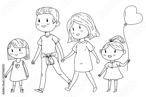 Cartoon family with pregnant woman and little children.