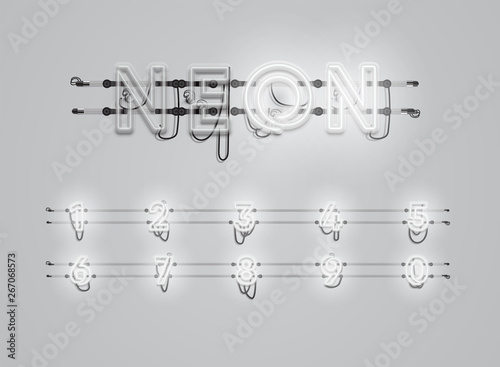 Realistic glowing grey neon charcter set