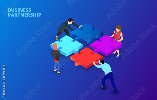 Vector isometric illustration with people holding a puzzle piece on a dark blue background. Teamwork concept banner. Landing page.