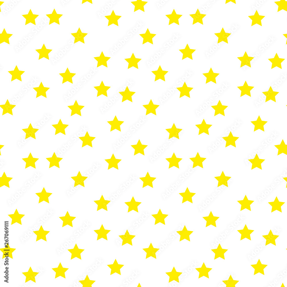 Vector illustration. Seamless pattern with falling cute yellow stars white background. Weather symbol. Pattern with contour.