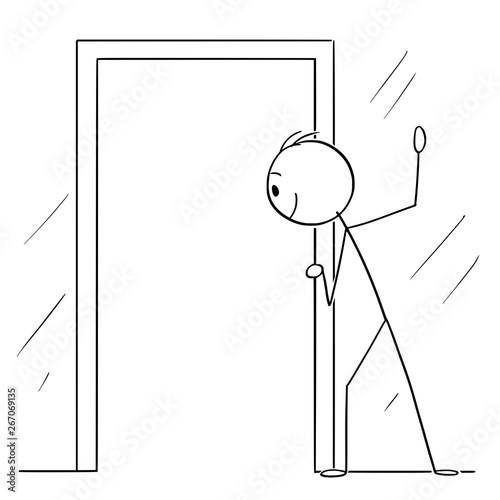Vector cartoon stick figure drawing conceptual illustration of curious man or voyeur looking hidden through open door.