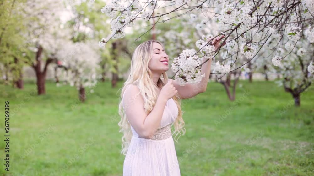 In the flowering spring garden, a young woman enjoys the scent of flowers. In the flowering spring garden, a young woman enjoys the scent of flowers.