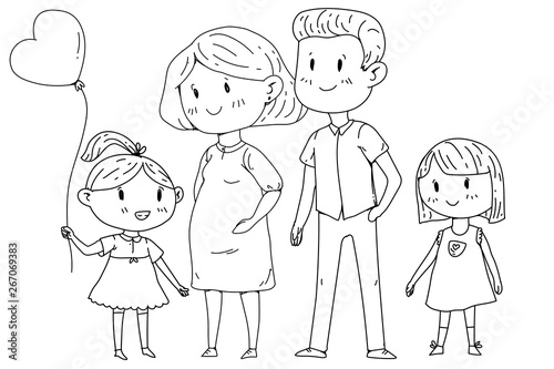 Mother and father with little children. Happy family. Pregnant woman.