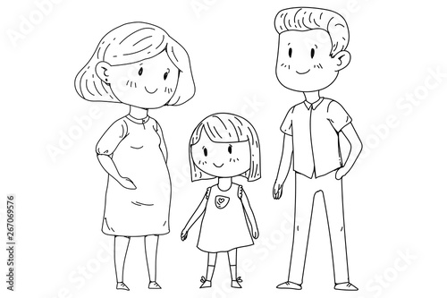 Mother and father with little children. Happy family. Pregnant woman.