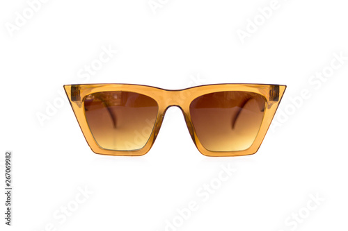 Yellow wayfarer thick frame sunglasses at isolated white background, front view