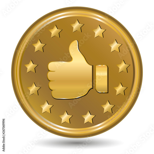 Round gold icon with gesture of admiration and stars. Thumb up. Like icon. Vector illustration.