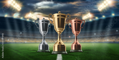 Gold Cup on the background of the stadium. Concept of sport  victory  reward. copy space.