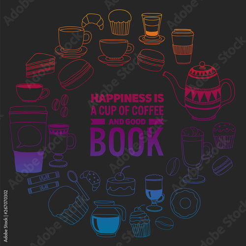 Coffee menu. Vector pattern with cappuccino, espresso. Kitchen, cooking, beverages.