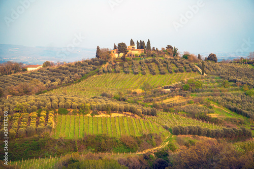 Tuscany, Italy. Tuscan farmhouse on the top of a hill surrounded by vineyards