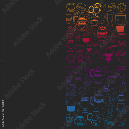 Coffee menu. Vector pattern with cappuccino, espresso. Kitchen, cooking, beverages.