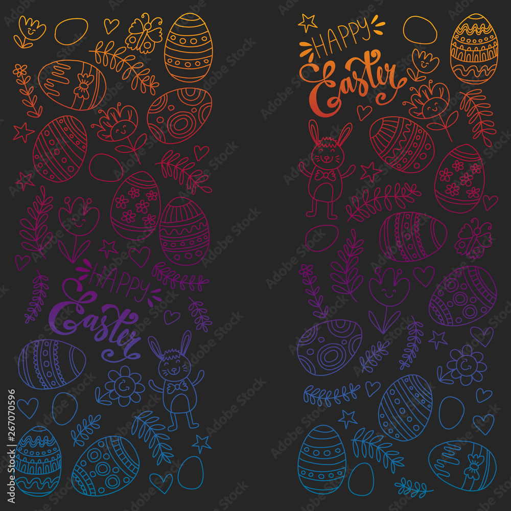 Happy Easter. Vector pattern with eggs, bunny, flowers.